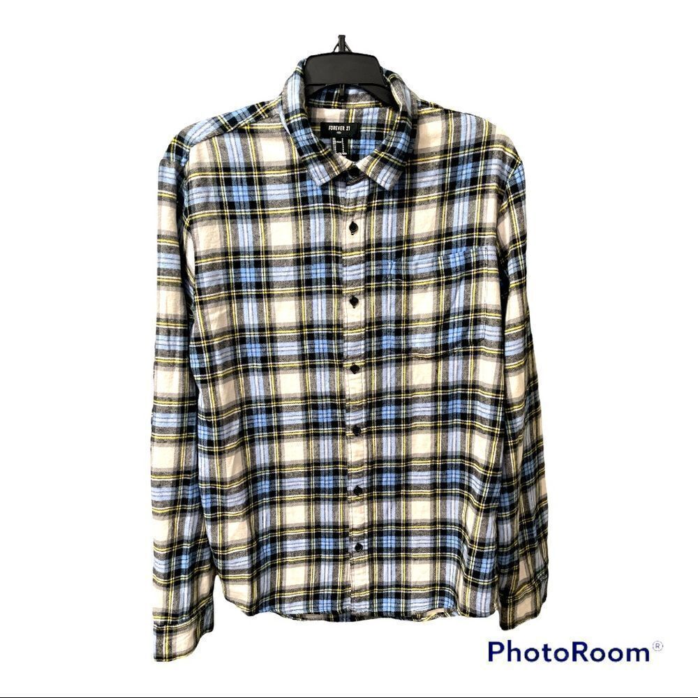 𝅺forever 21 men’s cream blue yellow flannel size small